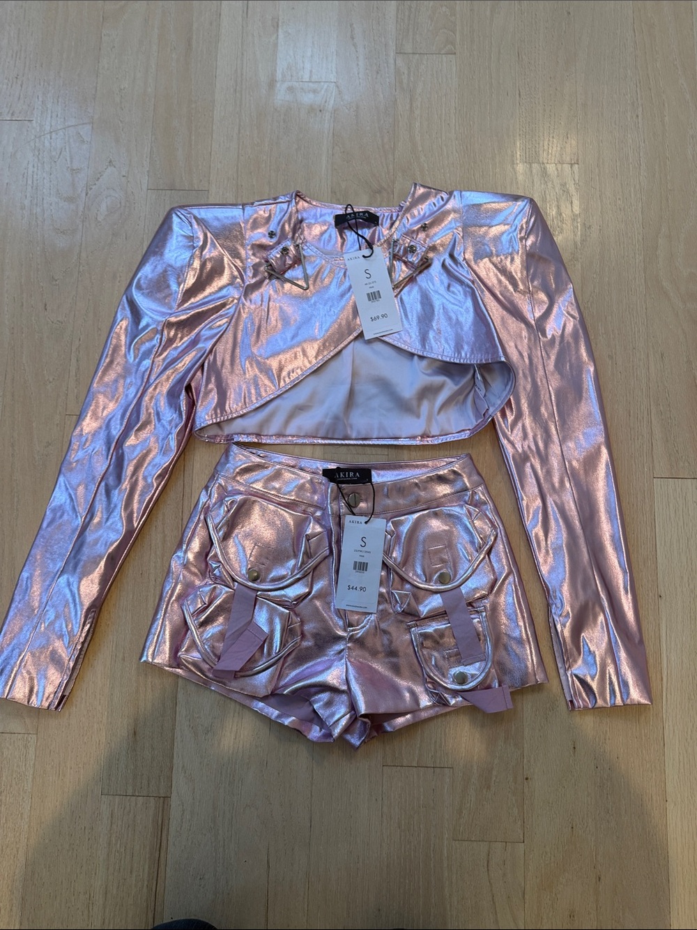 AKIRA Shimmery Rose Metallic Top and High-Waist Pocket Shorts